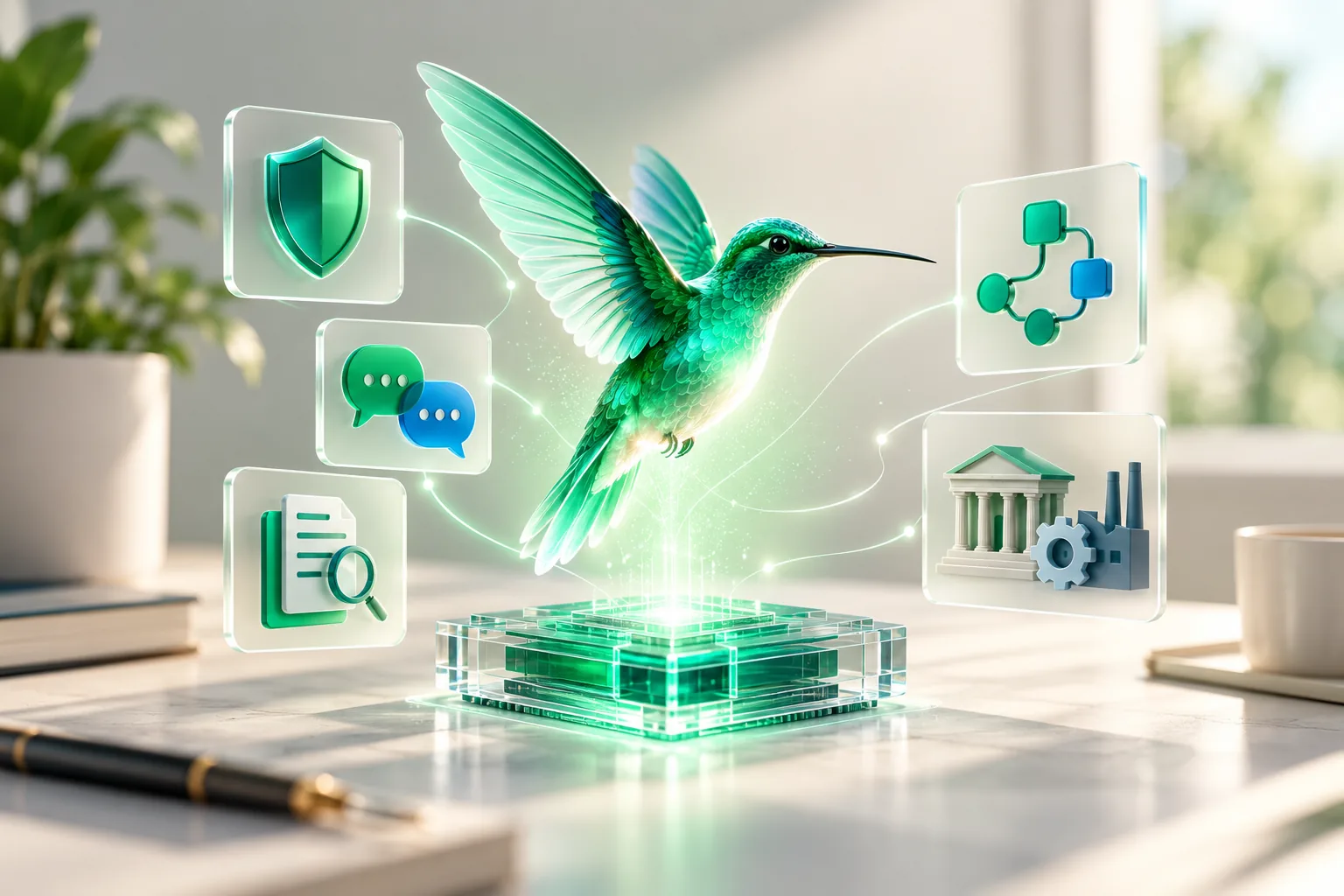 Grün schimmernder Kolibri schwebt über einem gläsernen Prozessor, umgeben von Symbolen für Schutzschild, Dialog, Dokumentensuche, Arbeitsablauf sowie Behörde und Fabrik