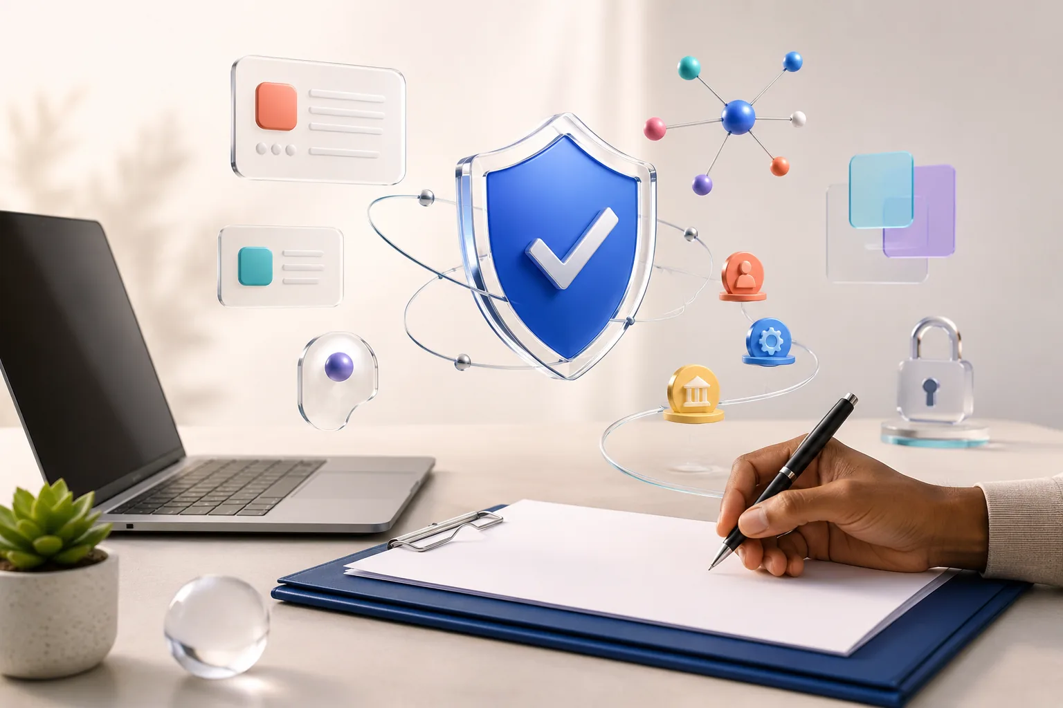 Hand unterschreibt ein Dokument am Schreibtisch, daneben schweben Symbole für Datenschutz, Prüfung und Sicherheit