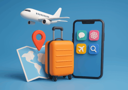 3D-Illustration mit Koffer, Flugzeug und Smartphone – Reiseplanung mit KI und Apps