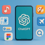 3D-Illustration eines Smartphones mit ChatGPT-App und verschiedenen Symbolen für Produktivität, Design, Musik und Reisen auf blauem Verlaufshintergrund.