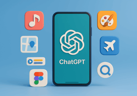 3D-Illustration eines Smartphones mit ChatGPT-App und verschiedenen Symbolen für Produktivität, Design, Musik und Reisen auf blauem Verlaufshintergrund.