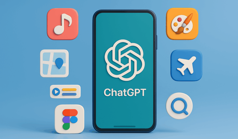 3D-Illustration eines Smartphones mit ChatGPT-App und verschiedenen Symbolen für Produktivität, Design, Musik und Reisen auf blauem Verlaufshintergrund.