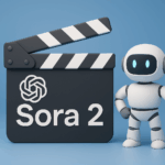 3D-Illustration einer Filmklappe mit OpenAI-Logo und Roboter, symbolisch für Sora 2, das neue KI-Video-Modell