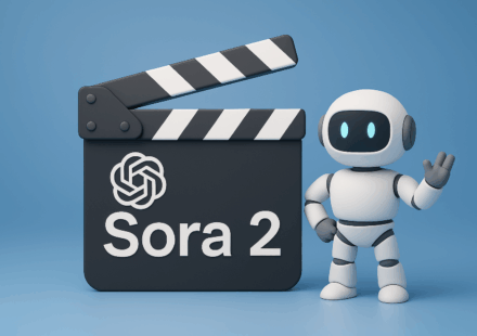 3D-Illustration einer Filmklappe mit OpenAI-Logo und Roboter, symbolisch für Sora 2, das neue KI-Video-Modell