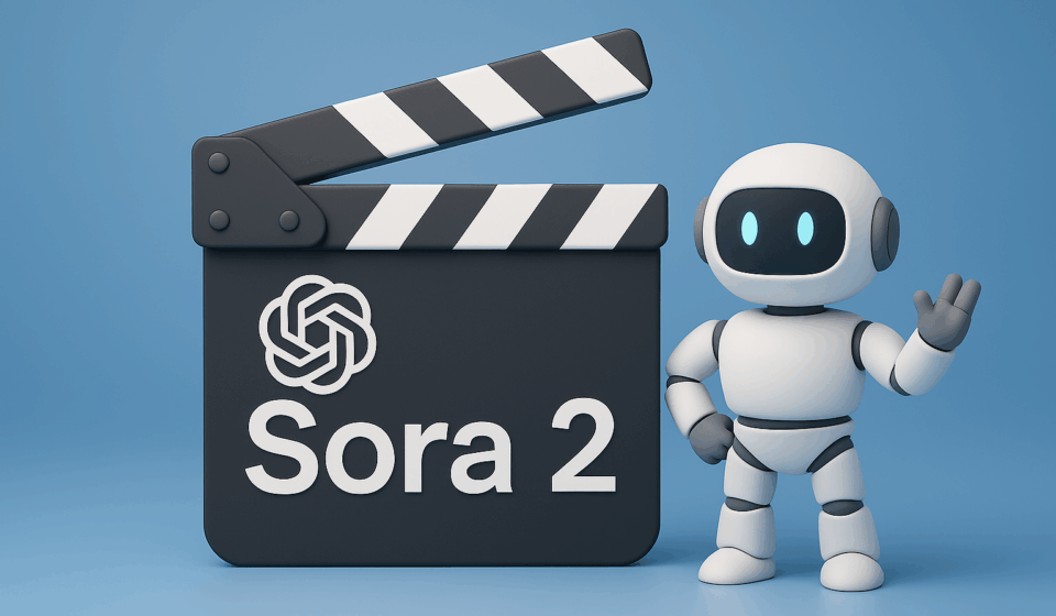 3D-Illustration einer Filmklappe mit OpenAI-Logo und Roboter, symbolisch für Sora 2, das neue KI-Video-Modell