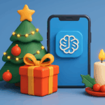So hilft dir KI bei der Planung eurer Weihnachtsfeier 2025 3D-Illustration einer festlichen Weihnachtsfeier mit Smartphone und KI-Symbol, Geschenk, Kerze und Weihnachtsbaum im modernen Stil