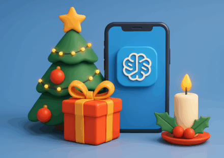 3D-Illustration einer festlichen Weihnachtsfeier mit Smartphone und KI-Symbol, Geschenk, Kerze und Weihnachtsbaum im modernen Stil