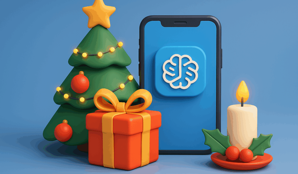3D-Illustration einer festlichen Weihnachtsfeier mit Smartphone und KI-Symbol, Geschenk, Kerze und Weihnachtsbaum im modernen Stil
